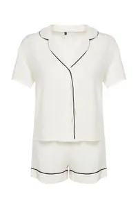 TRENDYOLMİLLA White Piping Detailed Viscose OF shorts Weaving Pajama Set - Image 6