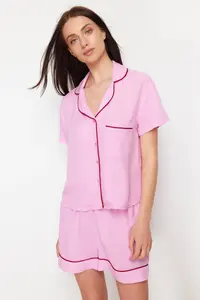 TRENDYOLMİLLA Pink Piping Detailed Viscose OF shorts Weaving Pajama Set - Image 2