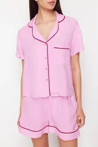 TRENDYOLMİLLA Pink Piping Detailed Viscose OF shorts Weaving Pajama Set - Image 4