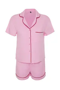 TRENDYOLMİLLA Pink Piping Detailed Viscose OF shorts Weaving Pajama Set - Image 7