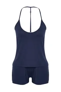 TRENDYOLMİLLA Premium Navy Blue Rope Sleeveless Viscose OF shorts Knitting Pajama Set - Image 7