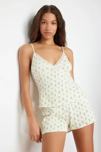TRENDYOLMİLLA Ecru Cotton Floral Lace Rope Sleeveless Ribbed OF shorts Knitting Pajama Set - Image 2