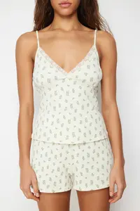 TRENDYOLMİLLA Ecru Cotton Floral Lace Rope Sleeveless Ribbed OF shorts Knitting Pajama Set - Image 4