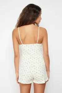 TRENDYOLMİLLA Ecru Cotton Floral Lace Rope Sleeveless Ribbed OF shorts Knitting Pajama Set - Image 5
