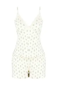 TRENDYOLMİLLA Ecru Cotton Floral Lace Rope Sleeveless Ribbed OF shorts Knitting Pajama Set - Image 7
