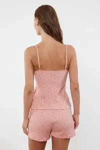 TRENDYOLMİLLA Powder Pink Cotton Floral Lace Rope Sleeveless Ribbed OF shorts Knitting Pajama Set - Image 5