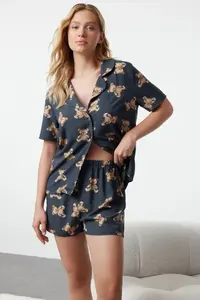 TRENDYOLMİLLA Anthracite Teddy Bear Viscose OF shorts Weaving Pajama Set