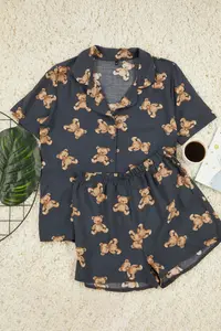TRENDYOLMİLLA Anthracite Teddy Bear Viscose OF shorts Weaving Pajama Set - Image 3