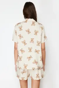 TRENDYOLMİLLA Beige Teddy Bear Viscose OF shorts Weaving Pajama Set - Image 6