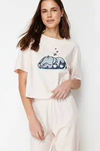 TRENDYOLMİLLA Powder Pink 100% Cotton Fil Printed Knitting Pajama Set