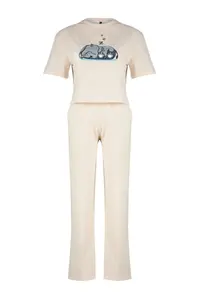 TRENDYOLMİLLA Powder Pink 100% Cotton Fil Printed Knitting Pajama Set - Image 7