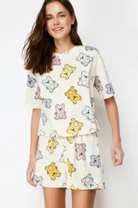 TRENDYOLMİLLA Ecru 100% Cotton Teddy Bear OF shorts Knitting Pajama Set - Image 2
