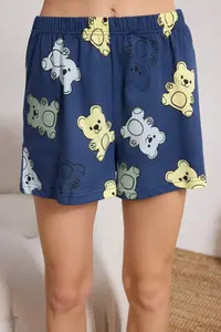 TRENDYOLMİLLA Navy Blue 100% Cotton Teddy Bear OF shorts Knitting Pajama Set - Image 3