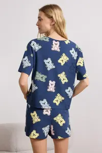 TRENDYOLMİLLA Navy Blue 100% Cotton Teddy Bear OF shorts Knitting Pajama Set - Image 4