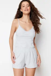 TRENDYOLMİLLA Gray Melange Lace Rope Sleeveless Ribbed OF shorts Knitting Pajama Set