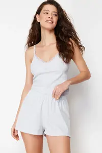 TRENDYOLMİLLA Gray Melange Lace Rope Sleeveless Ribbed OF shorts Knitting Pajama Set - Image 3