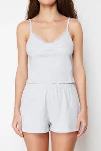 TRENDYOLMİLLA Gray Melange Lace Rope Sleeveless Ribbed OF shorts Knitting Pajama Set - Image 4