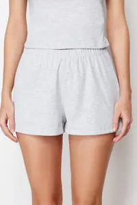 TRENDYOLMİLLA Gray Melange Lace Rope Sleeveless Ribbed OF shorts Knitting Pajama Set - Image 5