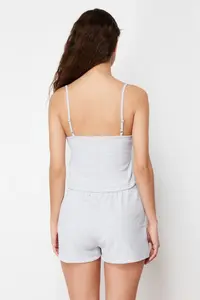 TRENDYOLMİLLA Gray Melange Lace Rope Sleeveless Ribbed OF shorts Knitting Pajama Set - Image 6