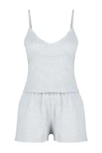 TRENDYOLMİLLA Gray Melange Lace Rope Sleeveless Ribbed OF shorts Knitting Pajama Set - Image 7