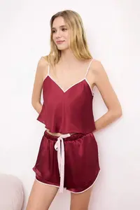 TRENDYOLMİLLA Burgundy Piping and Ribbon/Bow/Binding Detailed Satin OF shorts Weaving Pajama Set