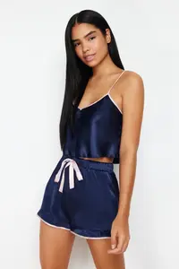TRENDYOLMİLLA Navy Blue Piping and Ribbon/Bow/Binding Detailed Satin OF shorts Weaving Pajama Set - Image 2