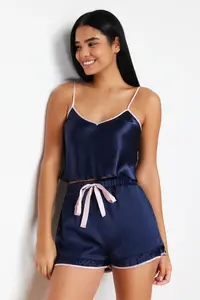 TRENDYOLMİLLA Navy Blue Piping and Ribbon/Bow/Binding Detailed Satin OF shorts Weaving Pajama Set - Image 3