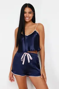 TRENDYOLMİLLA Navy Blue Piping and Ribbon/Bow/Binding Detailed Satin OF shorts Weaving Pajama Set - Image 4