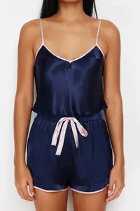 TRENDYOLMİLLA Navy Blue Piping and Ribbon/Bow/Binding Detailed Satin OF shorts Weaving Pajama Set - Image 5