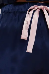 TRENDYOLMİLLA Navy Blue Piping and Ribbon/Bow/Binding Detailed Satin OF shorts Weaving Pajama Set - Image 6