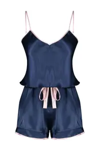 TRENDYOLMİLLA Navy Blue Piping and Ribbon/Bow/Binding Detailed Satin OF shorts Weaving Pajama Set - Image 8