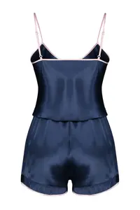 TRENDYOLMİLLA Navy Blue Piping and Ribbon/Bow/Binding Detailed Satin OF shorts Weaving Pajama Set - Image 9
