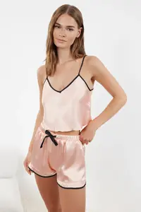 TRENDYOLMİLLA Salmon Piping and Ribbon/Bow/Binding Detailed Satin OF shorts Weaving Pajama Set - Image 3