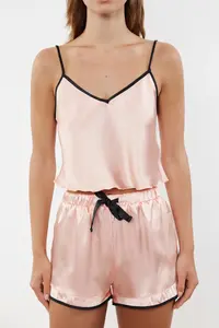 TRENDYOLMİLLA Salmon Piping and Ribbon/Bow/Binding Detailed Satin OF shorts Weaving Pajama Set - Image 5