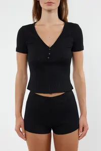 TRENDYOLMİLLA Black Button Detailed Ribbed OF shorts Knitting Pajama Set - Image 3