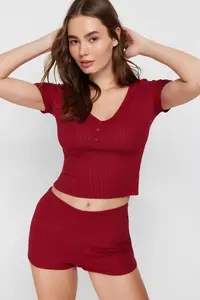 TRENDYOLMİLLA Burgundy Button Detailed Ribbed OF shorts Knitting Pajama Set - Image 3