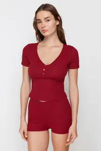 TRENDYOLMİLLA Burgundy Button Detailed Ribbed OF shorts Knitting Pajama Set - Image 4