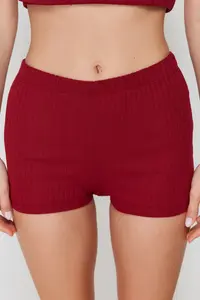 TRENDYOLMİLLA Burgundy Button Detailed Ribbed OF shorts Knitting Pajama Set - Image 6