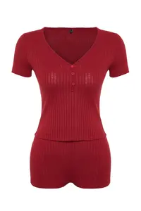 TRENDYOLMİLLA Burgundy Button Detailed Ribbed OF shorts Knitting Pajama Set - Image 8