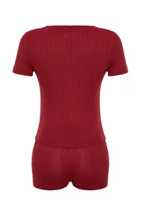 TRENDYOLMİLLA Burgundy Button Detailed Ribbed OF shorts Knitting Pajama Set - Image 9