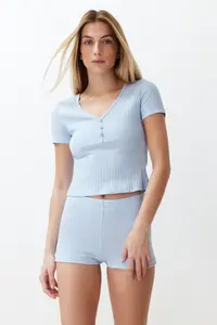 TRENDYOLMİLLA Light Blue Button Detailed Ribbed OF shorts Knitting Pajama Set - Image 2