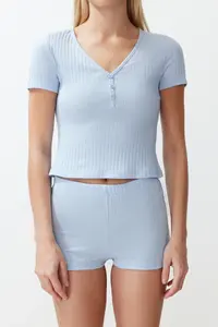 TRENDYOLMİLLA Light Blue Button Detailed Ribbed OF shorts Knitting Pajama Set - Image 6