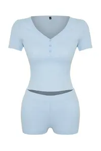 TRENDYOLMİLLA Light Blue Button Detailed Ribbed OF shorts Knitting Pajama Set - Image 8