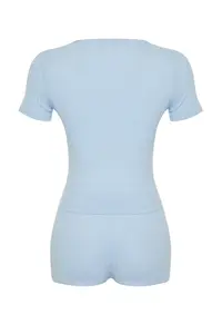 TRENDYOLMİLLA Light Blue Button Detailed Ribbed OF shorts Knitting Pajama Set - Image 9