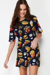 TRENDYOLMİLLA Navy Blue-Multicolored 100% Cotton Slogan Embroidered OF shorts Knitting Pajama Set - Image 2