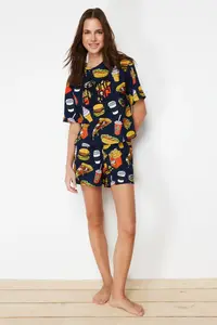TRENDYOLMİLLA Navy Blue-Multicolored 100% Cotton Slogan Embroidered OF shorts Knitting Pajama Set - Image 3