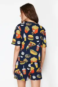 TRENDYOLMİLLA Navy Blue-Multicolored 100% Cotton Slogan Embroidered OF shorts Knitting Pajama Set - Image 6