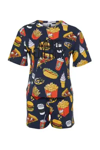TRENDYOLMİLLA Navy Blue-Multicolored 100% Cotton Slogan Embroidered OF shorts Knitting Pajama Set - Image 7