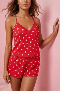 TRENDYOLMİLLA Red 100% Cotton Kalpli Lace Rope Sleeveless OF shorts Knitting Pajama Set - Image 2