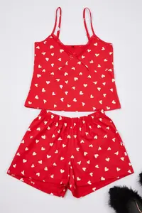 TRENDYOLMİLLA Red 100% Cotton Kalpli Lace Rope Sleeveless OF shorts Knitting Pajama Set - Image 3